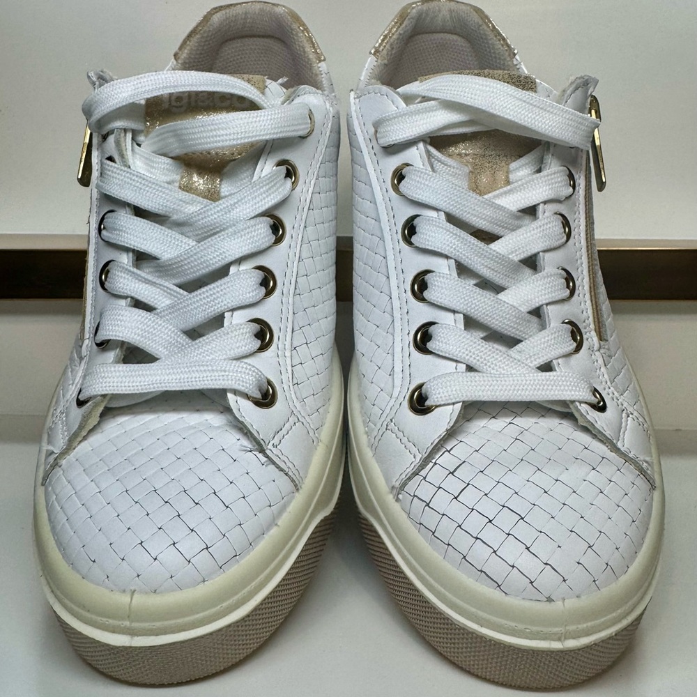 Igi & Co White Woven Leather Platform Sneakers Zip Side Gold Accents Sz Womens 7 - Picture 7 of 16